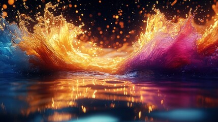 Vibrant glowing liquid splashes in gold, orange, magenta and blue over reflective water with sparkling bokeh, energetic and mesmerizing