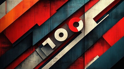 diagonal layered metal panels and bold red and teal stripes with distressed texture, circular numerals forming 100 and strong shadows conveying dynamic energetic industrial graphic mood