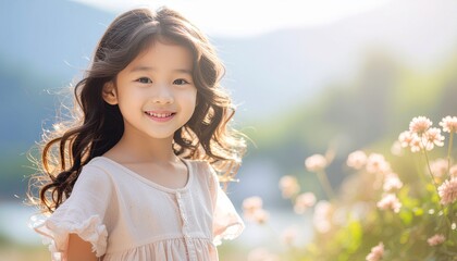 春の花畑で微笑むふわふわ髪の女の子  
Smiling Girl with Soft Fluffy Hair in a Spring Flower Field
