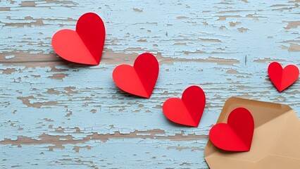Red paper hearts on a blue wooden background with a brown envelope
