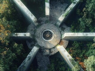 Aerial view of a circular cobblestone courtyard with a central metal wheel and radial concrete pillars like spokes, surrounded by dense forest, evoking mysterious tranquil isolation