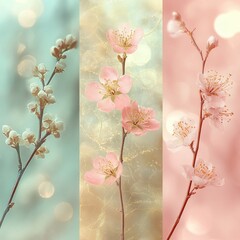 three vertical panels of delicate pink blossoms on slender branches against soft pastel teal, golden and rose bokeh backgrounds, serene dreamy romantic mood