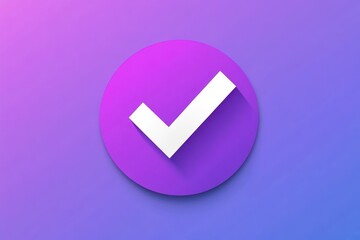 purple circular badge with white check mark and long drop shadow on pink to blue gradient background conveying approval and success