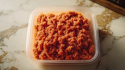plastic container of warm tomato minced meat sauce with crumbly texture on marble countertop, homey comforting meal prep