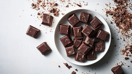 overhead view of dark chocolate squares in a white bowl with scattered shavings and crumbs on a pale surface, tempting indulgent treat
