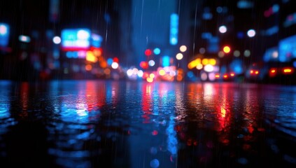 rain-soaked city street at night with colorful neon reflections, blurred traffic and moody atmospheric solitude