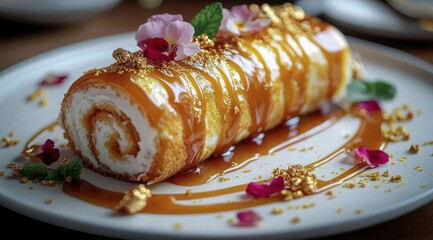 cream-filled rolled sponge cake drizzled with caramel, topped with gold flakes, edible flowers and mint on a white plate &mdash; elegant decadent indulgent dessert