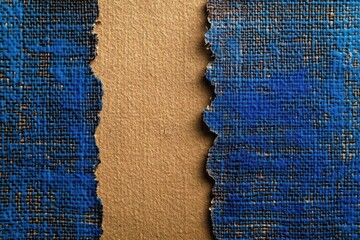 torn blue painted canvas with frayed edges revealing brown paper center, textured contrast and tactile rawness evoking curiosity