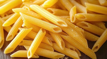 Close-up of uncooked penne pasta piled on a wooden surface, warm golden tones, inviting and comforting