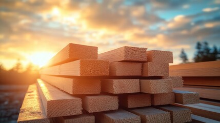 Stack of rough-sawn wooden planks outdoors at golden sunset, textured lumber ends and warm glowing sky creating a calm peaceful atmosphere