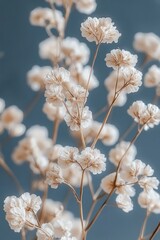 delicate clusters of small white gypsophila dried flowers on thin stems against a soft blue-gray blurred background evoking calm airy minimalism and gentle serenity