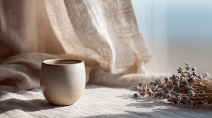 A ceramic cup sits on a linen cloth, lit by soft sunlight and dappled by shadows near a draped backdrop and lavender