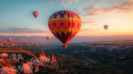 Obraz premium colorful hot air balloons drifting over a dramatic rocky valley at sunrise with warm golden light, serene panoramic sky and a sense of peaceful adventure
