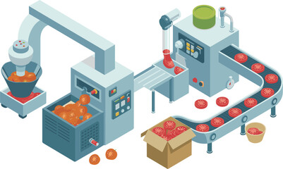 Obraz premium Isometric food processing production line with automated machines and conveyor belt, tomato factory, industrial manufacturing, packaging illustration