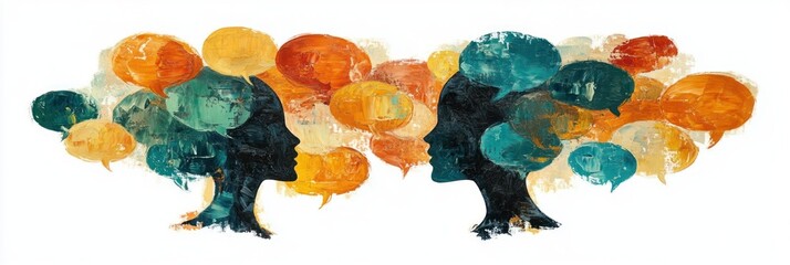 Two facing human silhouettes with colorful textured speech bubbles and brushstroke clouds, vibrant abstract exchange suggesting thoughtful, engaged conversation and shared ideas