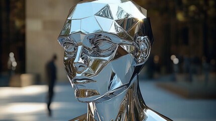 faceted chrome humanoid bust sculpture in urban plaza with blurred pedestrians and a stoic reflective expression