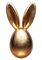 gold metallic egg with tall rabbit ears on white background, playful elegant festive mood