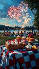 Friends and families at a lakeside picnic watching colorful fireworks over the water at dusk, a checkered tablecloth piled with cupcakes, donuts and pastries in a festive joyful evening