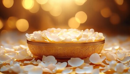 ornate golden bowl filled with cream rose petals and scattered petals on a glowing bokeh background conveying a serene, romantic, warm and luxurious mood