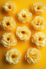 open yellow rose blooms arranged in a neat flat lay on a matching yellow background conveying a bright cheerful sunny mood