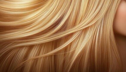 close-up of silky long golden blonde hair flowing over smooth skin, glossy strands conveying elegance and serenity