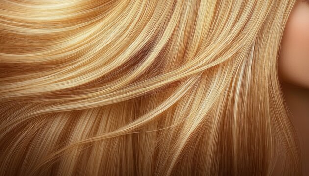 close-up of silky long golden blonde hair flowing over smooth skin, glossy strands conveying elegance and serenity