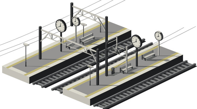 Isometric train station platform with railway tracks clocks and benches, public transport infrastructure, urban transit, modern illustration