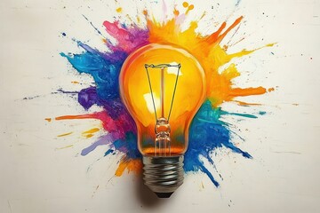 glowing light bulb with vibrant multicolored paint splashes behind it evoking creative inspiration and an energetic burst of color