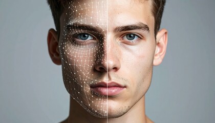 Facial recognition technology exploring future identity verification digital art cyber environment close-up view
