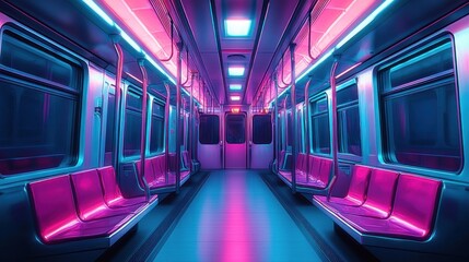 Empty neon-lit subway car interior with pink and cyan glowing seats, metal poles, windows and central aisle, symmetrical perspective conveying futuristic calm and solitude