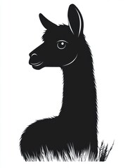 Obraz premium calm black llama silhouette in side profile with long neck and upright ears above a tuft of grass, minimalist whimsical animal portrait expressing curiosity and gentleness