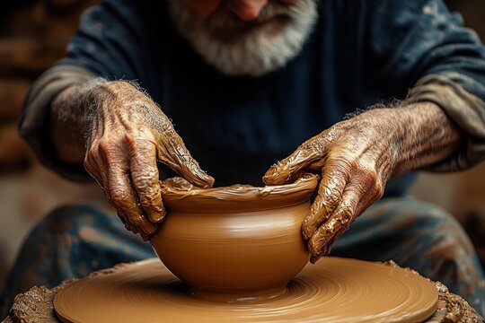 elderly bearded potter shaping a clay bowl on a spinning wheel with muddy hands, focused and tactile craftsmanship - Powered by Adobe