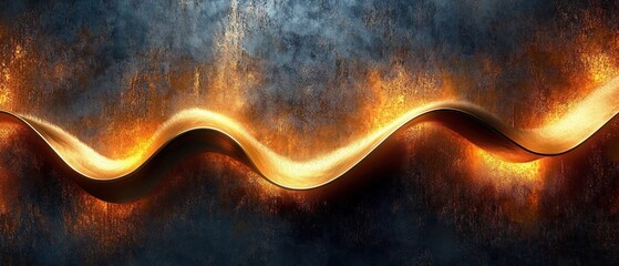 glowing golden ribbon wave across textured dark metallic surface with fiery orange highlights, evoking dramatic warm elegance and dynamic motion
