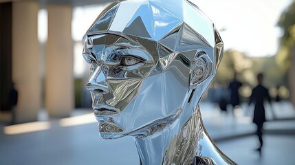 Reflective chrome faceted humanoid bust in an urban plaza with blurred pedestrians and columns, evoking a contemplative futuristic mood