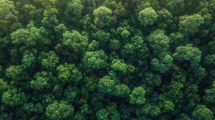 aerial view of dense green forest canopy with lush treetops conveying peaceful, vibrant tranquility