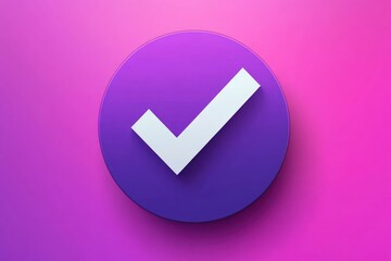 white checkmark on a purple circular button with soft shadow centered on a pink to magenta gradient background conveying approval and completion