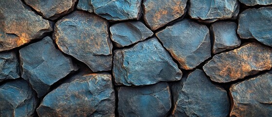 Close-up of tightly stacked blue-gray rough stones with warm orange rust highlights, a rugged textured stone wall conveying strength and timeless stability