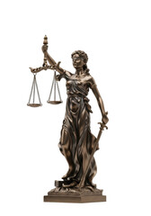 Majestic bronze blindfolded Lady Justice statue with scales and sword, isolated on a pure bright white background with copy space, professional studio shot. Concept of law and justice