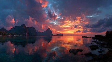 Vibrant tropical sunset over calm ocean with majestic mountains