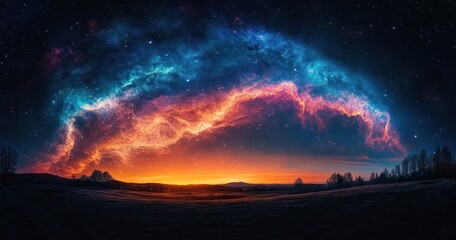 Fototapeta premium silhouetted rolling hills and trees beneath a vivid arching nebula sky at glowing sunset, awe-inspiring celestial panorama