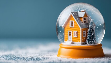 A small, stylized, orange house, nestled within a clear snow globe, sits on a bed of faux snow against a muted teal backdrop.