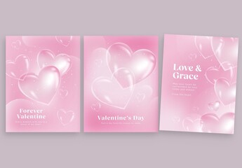 Valentines Day Flyer Poster Template in Cute Candy Pink Hues with 3D Glass Love Heart Concept