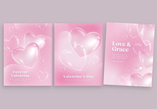 Valentines Day Flyer Poster Template in Cute Candy Pink Hues with 3D Glass Love Heart Concept