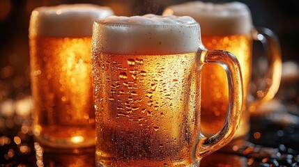 Three frosty glass beer mugs filled with golden amber beer, thick foamy heads and beaded condensation against warm glowing bokeh, inviting and refreshing