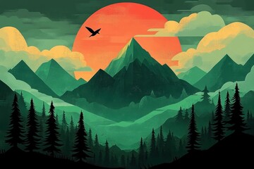 majestic layered green mountains and pine forest silhouettes at sunset with a large orange sun, drifting clouds, misty valleys and a solitary bird conveying serene wonder