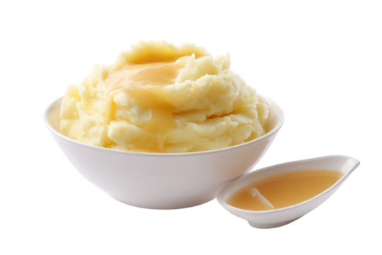 Bowl of Mashed Potatoes with Gravy Spoon isolated on a transparent background - Powered by Adobe