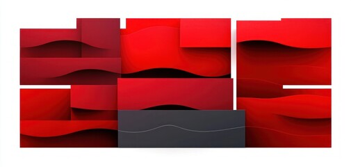 Layered red rectangular panels with wavy cutouts and dark gray panel, shadowed minimalist geometric composition conveying bold energetic motion