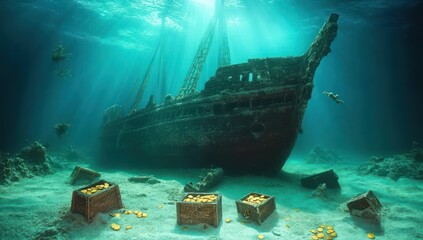 Eerie sunlit underwater shipwreck with open treasure chests and scattered gold coins on a sandy seabed as divers explore in a mysterious adventurous scene