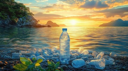 Solitary plastic bottle and scattered litter on a rocky shoreline at sunset, golden ocean and distant islands contrasted with pollution, evoking sadness and urgency