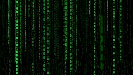 Digital Rain: Green binary code cascades down, symbolizing data streams in the digital realm. The image represents the unseen world of programming and technology.